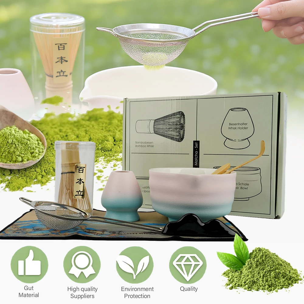 Ensemble d'outils pour la préparation du matcha 8 en 1 avec bol, fouet, cuillère, support pour fouet, cuillère doseuse, tamis, support pour cuillère, serviette, expérience authentique du matcha