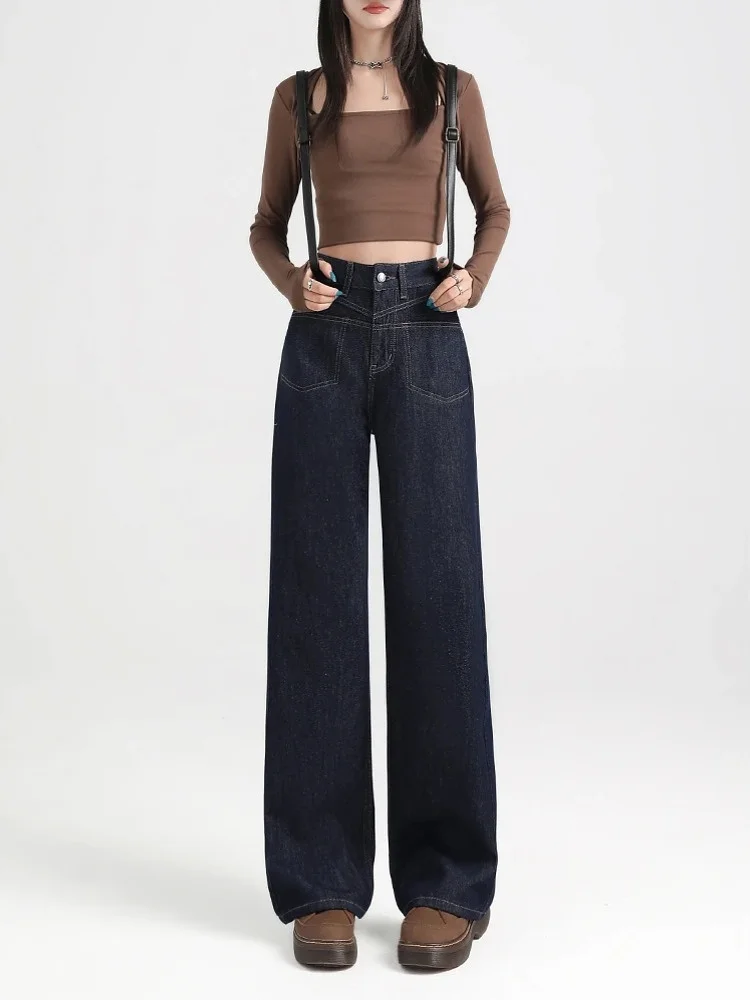 

Ретро темно-синие узкие широкие джинсы женские со средней талией свободные утягивающие джинсовые длинные брюки небольшого размера прямого кроя из смеси хлопка