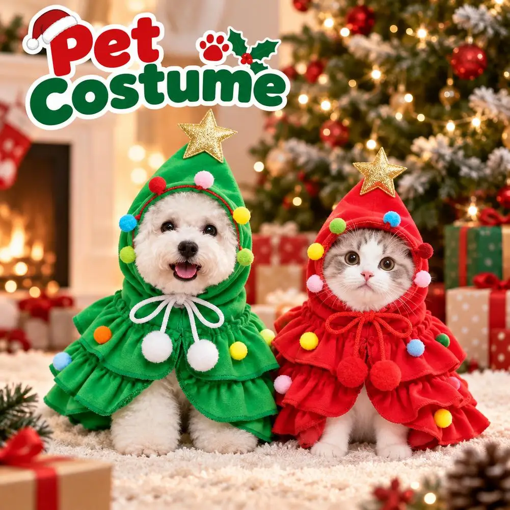 Christmas Pet Cape Costume Xmas Tree Hooded Cloak with Star Pom‑pom Adjustable Drawstring Outfit for Small Dogs Cats