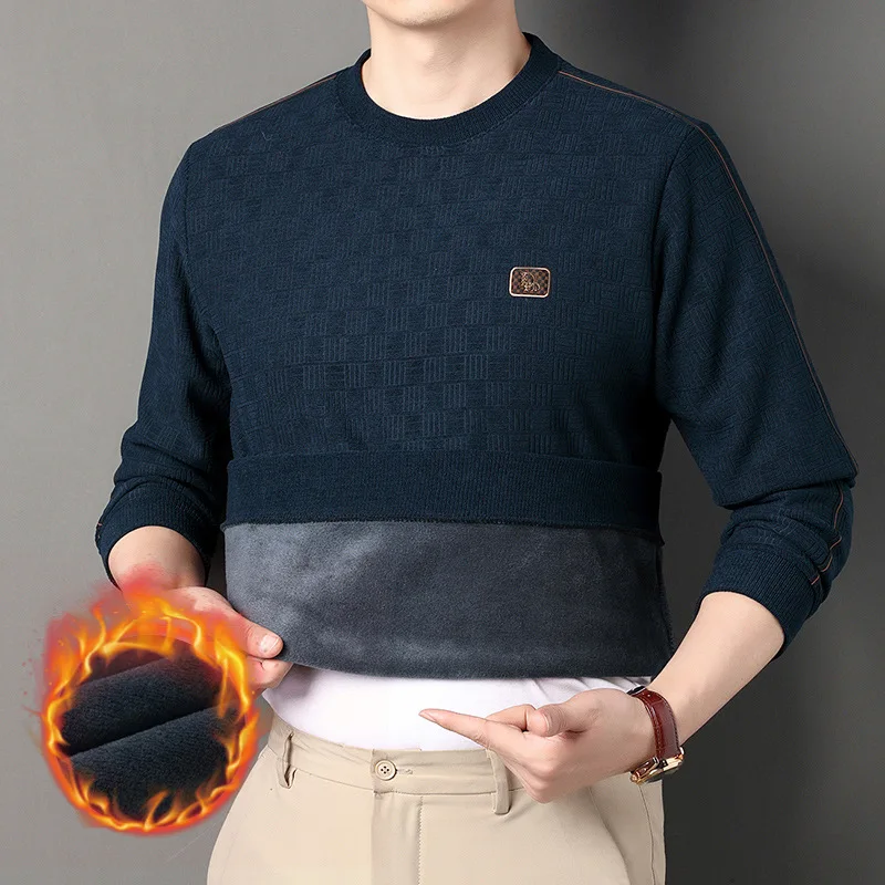 

Зимний утолщенный свитер, мужской свитер среднего и молодого возраста с круглым вырезом и длинными рукавами, однотонный бархатный теплый мужской топ