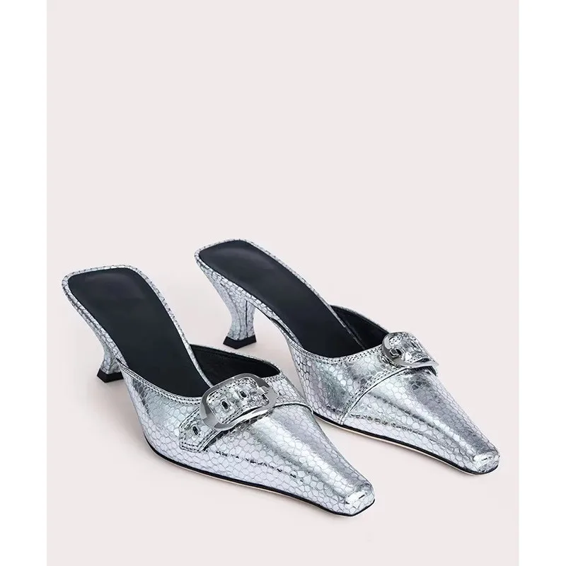 

Square Toe Metal Buckle Mules Luxury Brand Designer Thin High Heel Slippers Wrap Metal Fabric Walking Show Shoes for Women