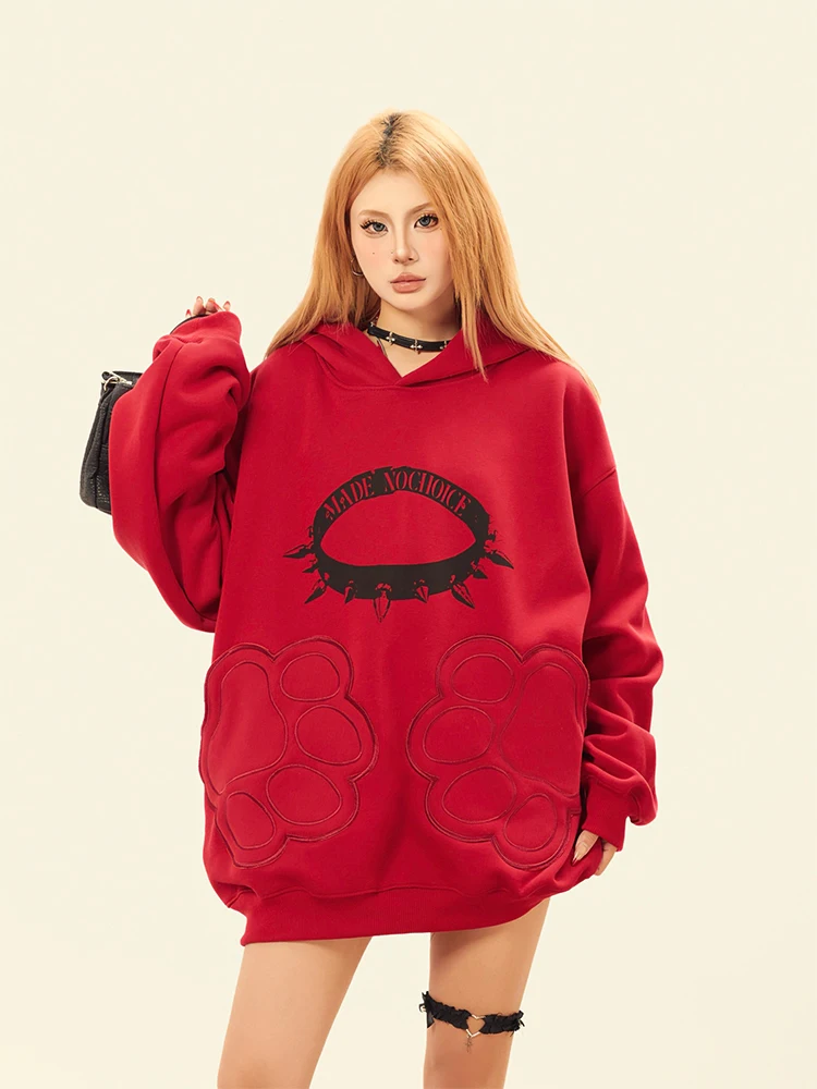 

Opup American Retro Cute Ear Loose Hoodie ket Embroidered Dog Paw Print Couple Hat Sweater Trendy Spring Youth Loose Fit