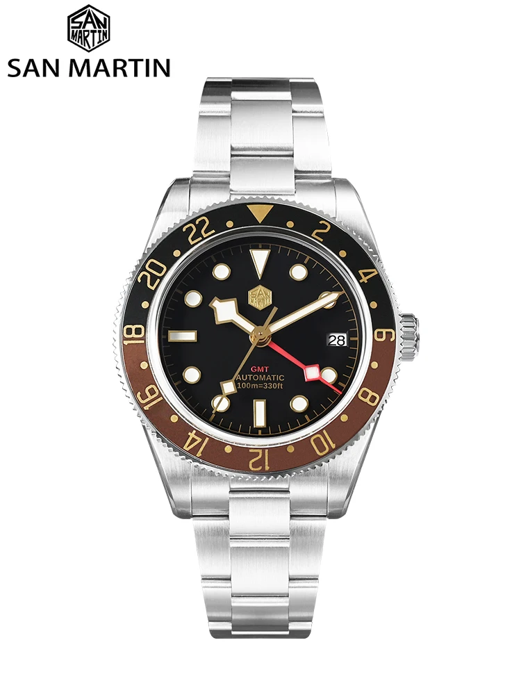 San Martin 2025 39mm Bidirectional Aluminum Bezel NH34 GMT Luxury Watch 3H Date Automatic Mechanical Sapphire Waterproof SN0109