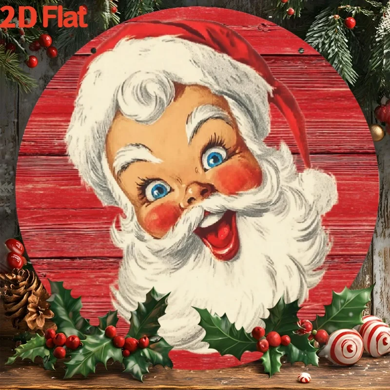 2D flach, 1 Stück 8 Zoll rundes Santa Stop Here Metallschild – Vintage-Stil, rot-weiße Weihnachtsmann-Wanddekoration mit Holly & Candy Cane