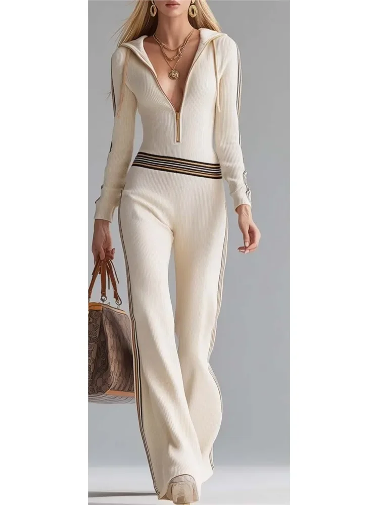 Contrast Color Stitching Pit Strip Knitted Jumpsuit New Women's Spring Autumn Long-sleeved Zippered Long-sleeved Hooded Jumpsuit