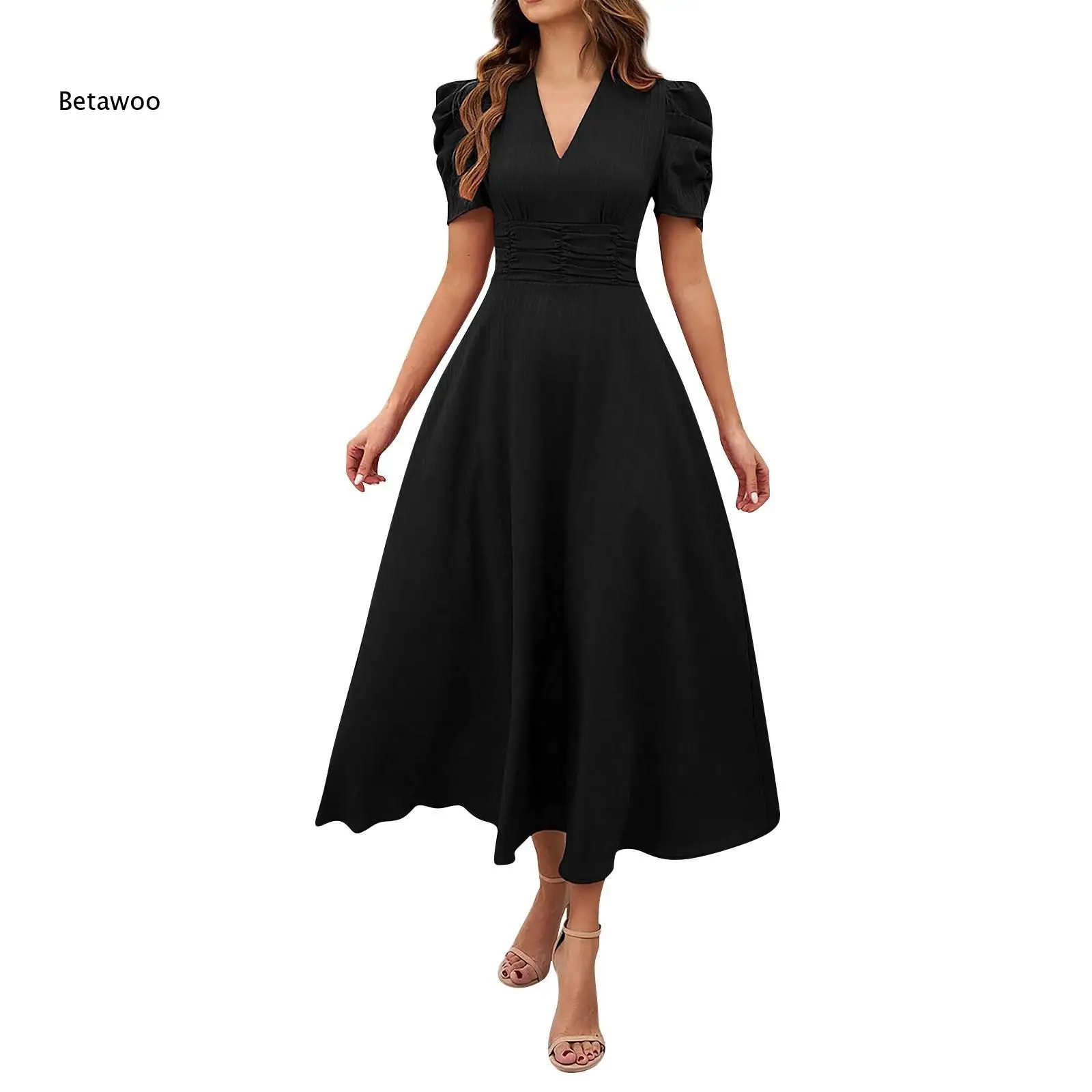 Light Textured Midi Sundress V Neck Bubble Short Sleeve Ruched Waist Swing Hem Beige Daily Wedding Dress