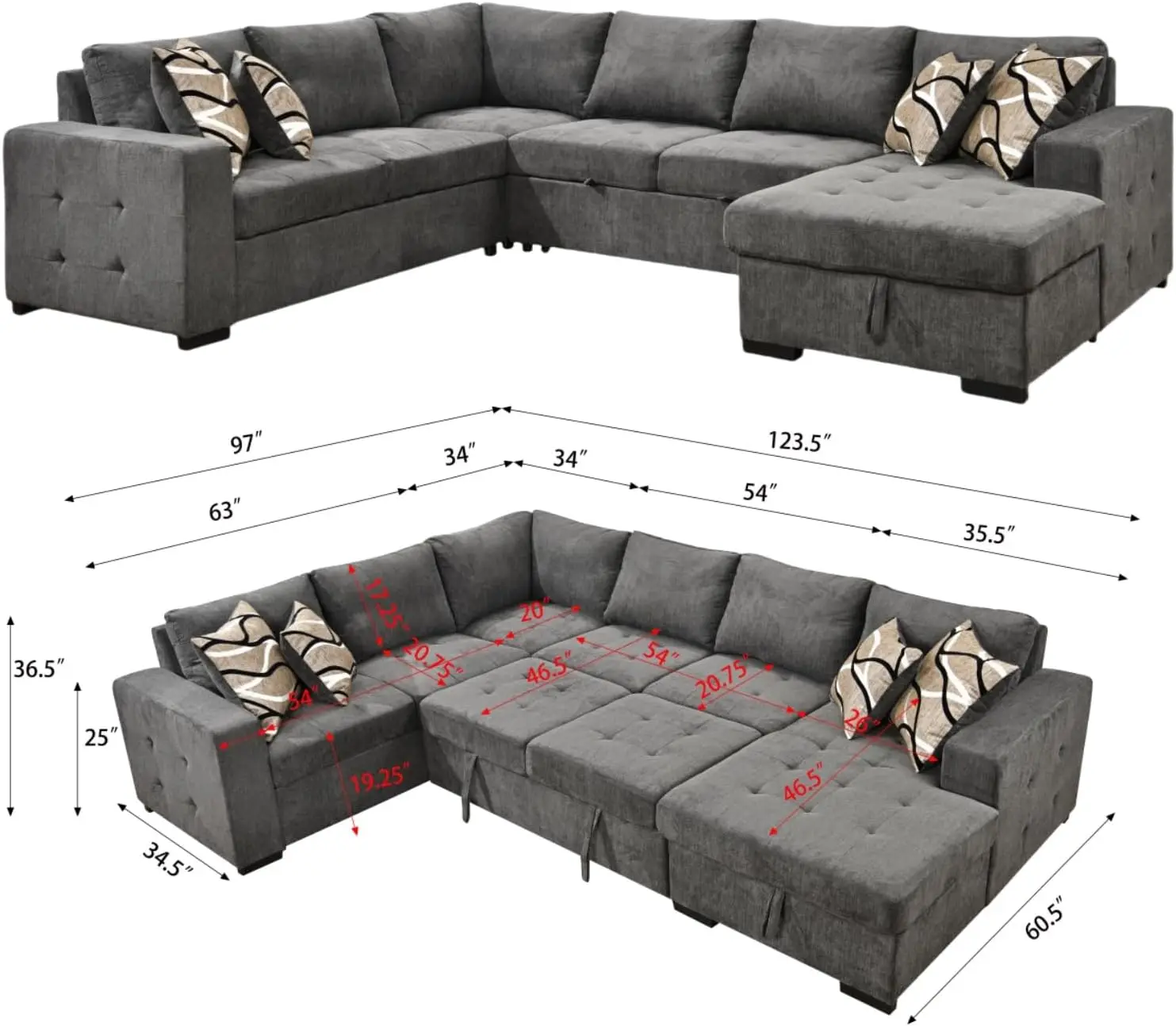 Sectional Sleeper Sofa with Pull Out Bed and Storage Chaise, U Shape Sectional Sofa Bed, Oversized Sectional Sleeper Cou