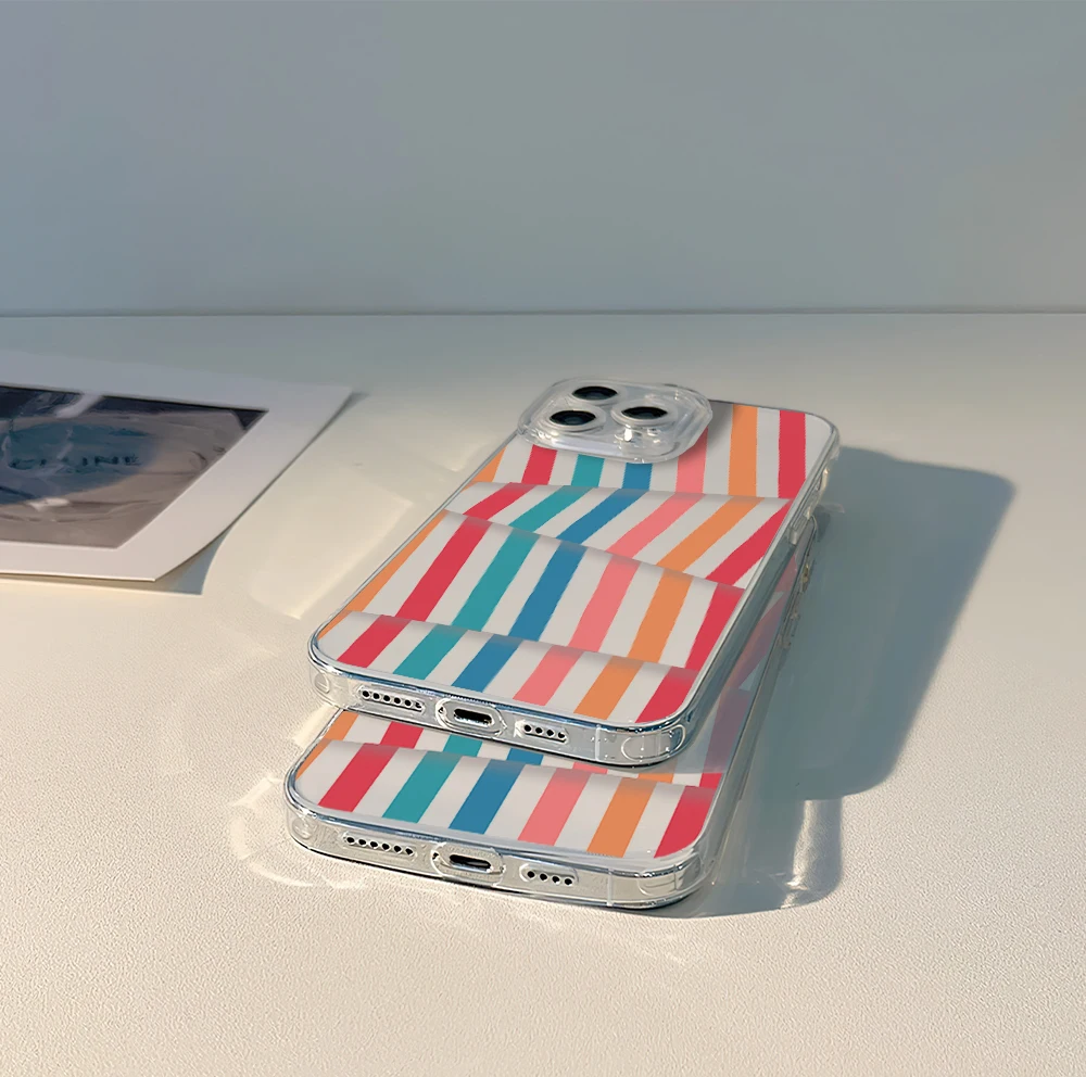 Fashion Colorful Stripes Visual Error Phone Case For iPhone 11 13 16 15 14 12 Pro Max Plus Clear Transparent Soft Shell