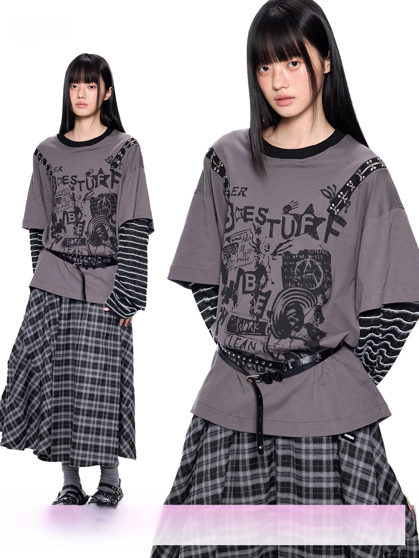 

Повседневная женская футболка с длинным рукавом в полоску, весенняя новинка, винтажный свободный топ EZEK, имитация двухслойности, с заклепками и лоскутным шитьем, из смесового хлопка