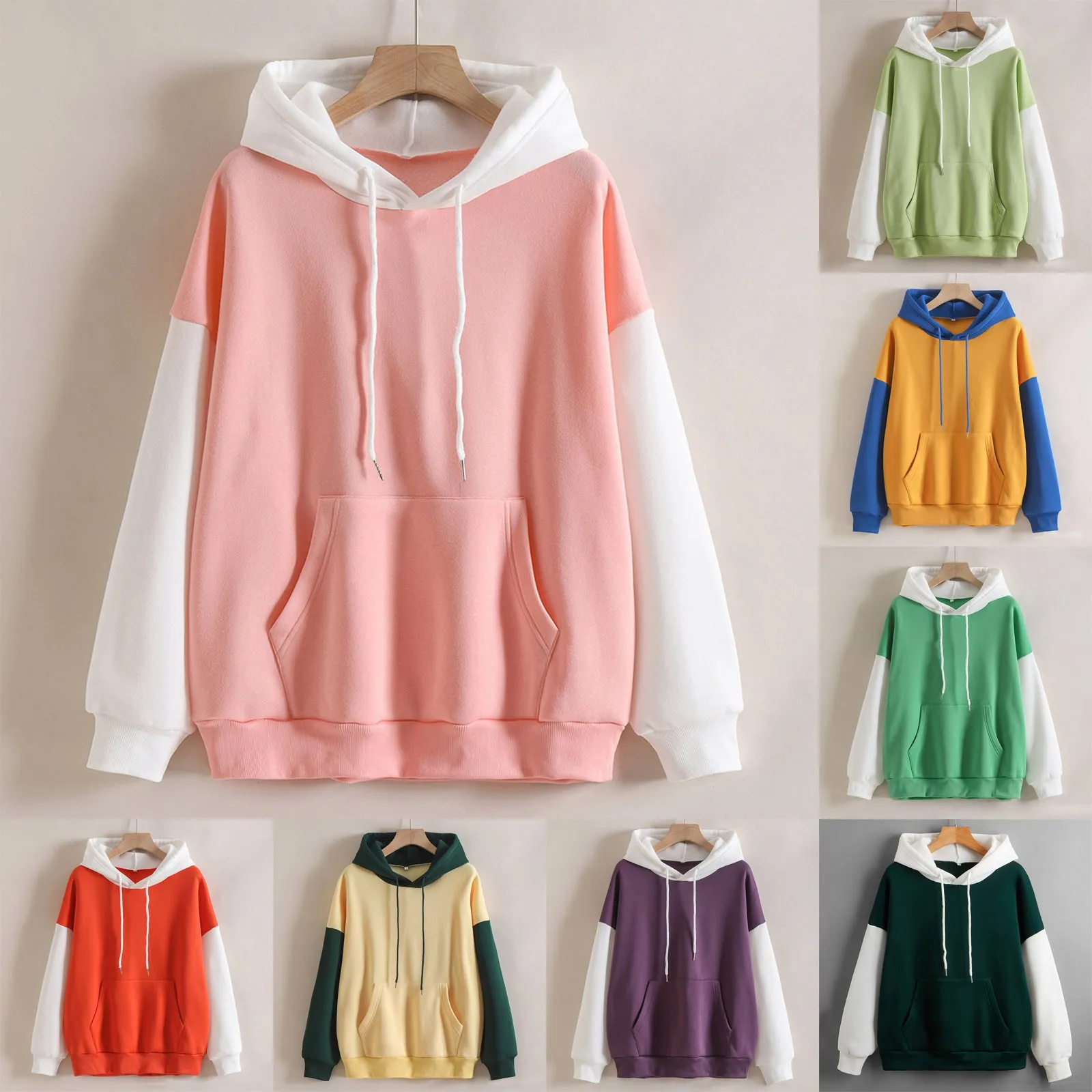 Autumn Winter Hoodies Womens Long Sleeve Solid Color Splice Hooded Tracksuit Sports Sweatshirts Pullovers Oversized Y2k Jacket