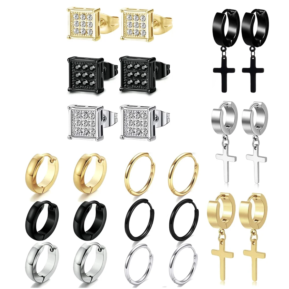 

1-12 Pairs Stainless Steel CZ Stud Earrings Cross Dangle Hoop Earrings Ear Piercing Jewelry Set for Men Women Black Silver Gold