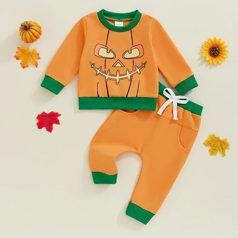 

Baby Boys Halloween 2PCS Outfits Pumpkin Print Sweatshirt Elastic Waist Pants Set Newborn Clothes Suit