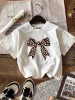 Leopard Bow Print T-shirts Summer Fashion Bowknot Decorative Pattern Casual Simple Girls Round Neck Tees Women Clothes