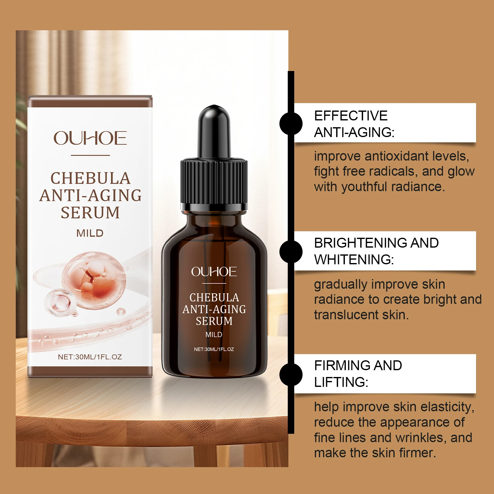 OUHOE Chebula Anti-Aging Serum: Whiten, Firm, Moisturize, Anti - aging, All Skin Types, Mild Formula