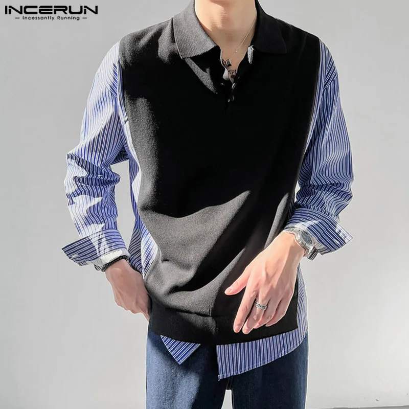 INCERUN Tops 2024 Korean Style Men's Knitted Patchwork Fake Two-piece Striped Shirts Casual Streetwear Loose Long Sleeved Blouse