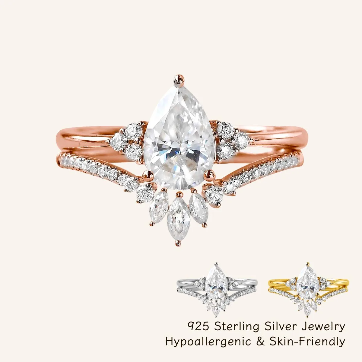 Brilliant 2Pcs 925 Sterling Silver Pear Cut Moissanite Stacking Ring Bridal Set D VVS GRA for Women Wedding High Quality Jewelry