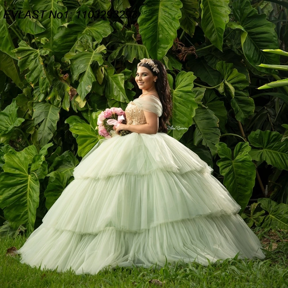 EVLAST Personalizzato Principessa Verde Abito Quinceanera Abito di Sfera Applique In Rilievo di Cristallo A File Dolce 16 Vestido De 15 Anos E1Q65