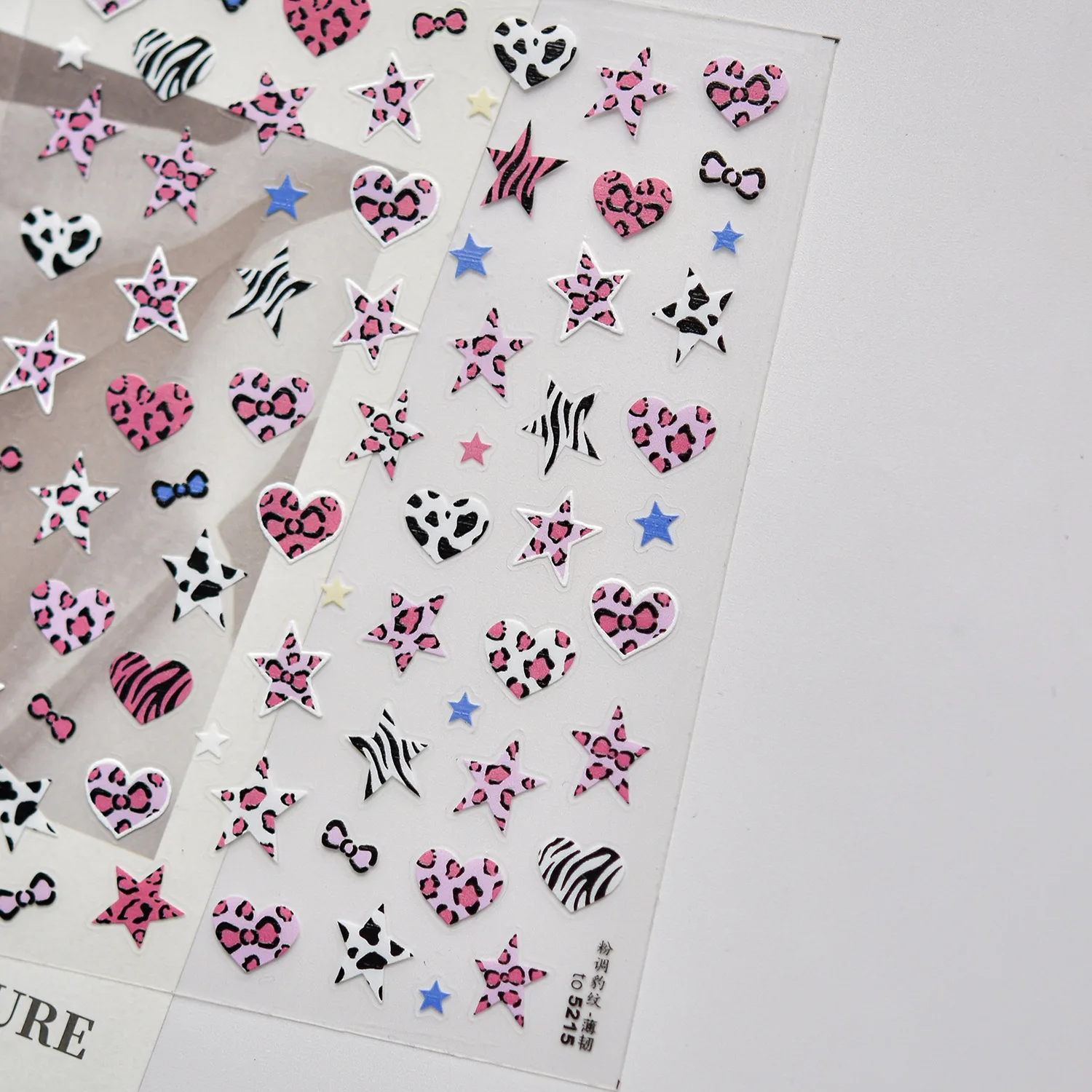 Blu e rosa a forma di stella cuore modello animale leopardo mucca zebra stampa adesivi per unghie di alta qualità decorazioni artistiche design T-5213