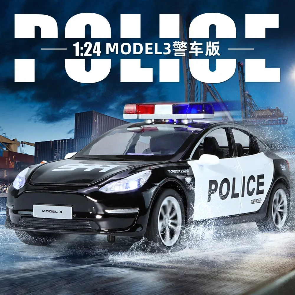 Coche de policía Tesla modelo 3, vehículo de alta simulación, fundido a presión, aleación de Metal, colección de juguetes para niños, regalos, 1:24