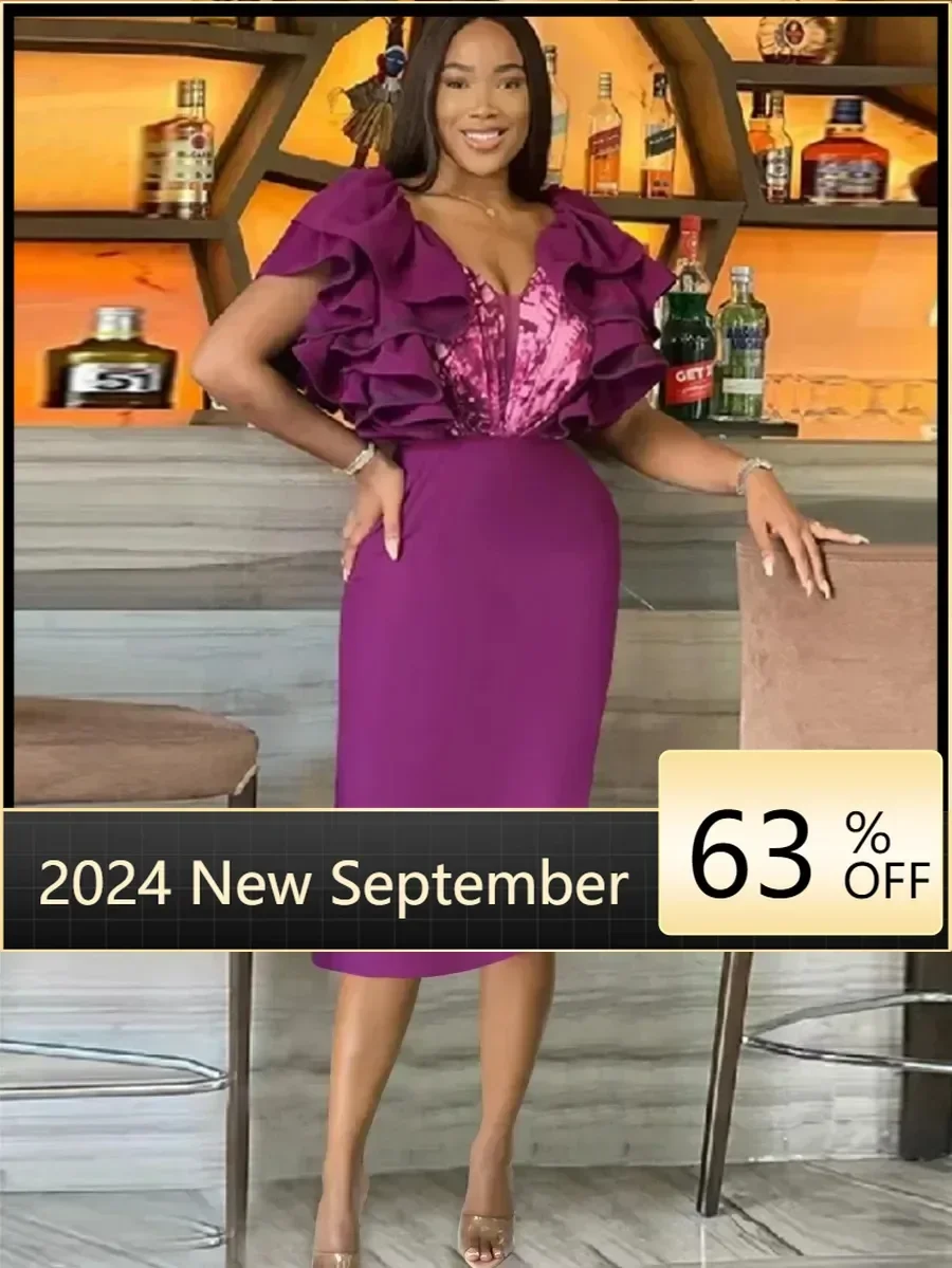 

Customized Women's Vintage Dress Sexy V-neck Printed Lotus Leaf Sleeves Purple Dresses Unique Design Fashionable Bodycon Birthda