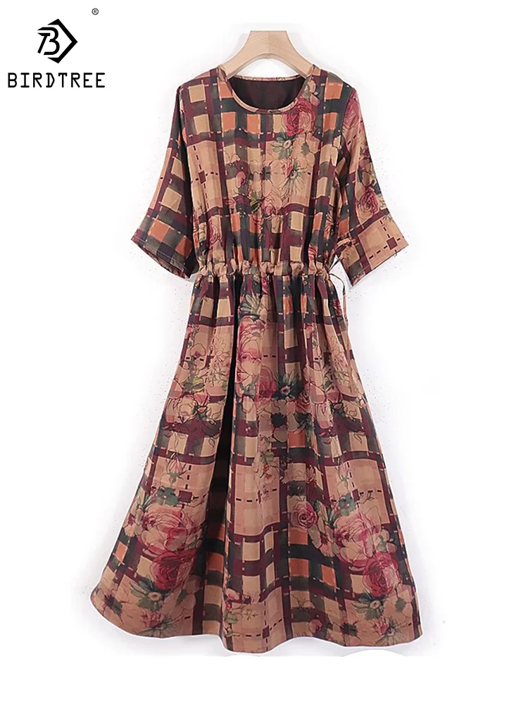 

Birdtree Real Silk XiangYunSha Women's Dresses Gambiered Guangdong Silk Autumn Floral Plaid Vintage Dress Office Lady D3D464QM