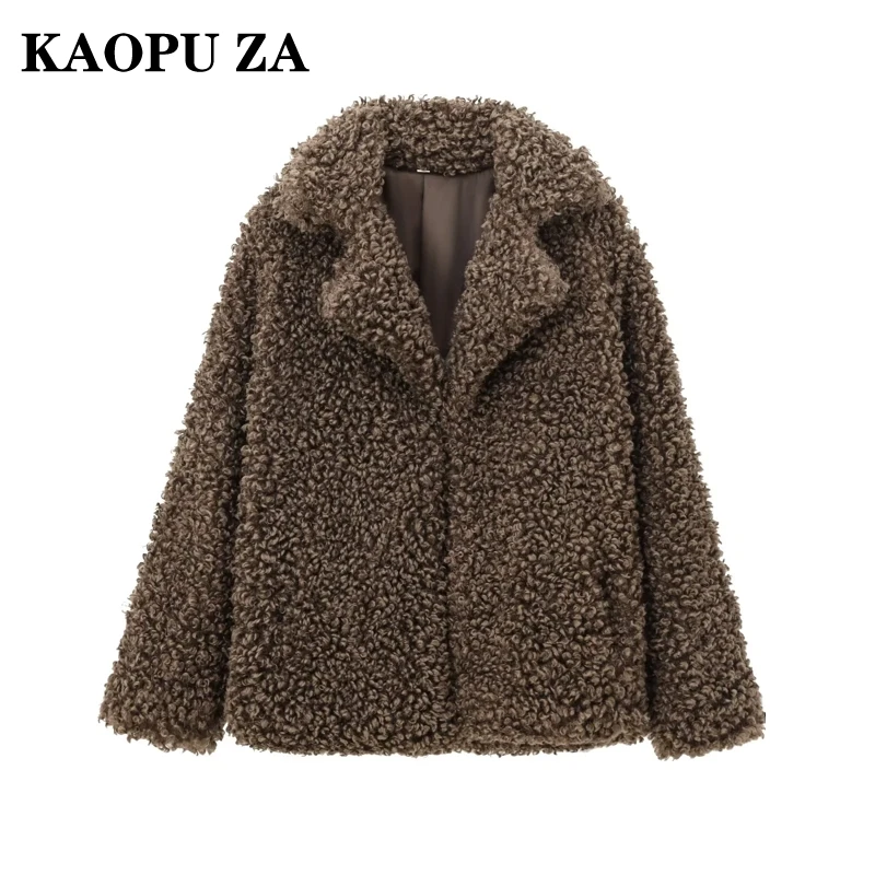 

KAOPU ZA 2024 Autumn/Winter Woman's Casual Notched Collar Long Sleeve Jacket Coat Female Fashion Fleece Solid Color Pockets Top