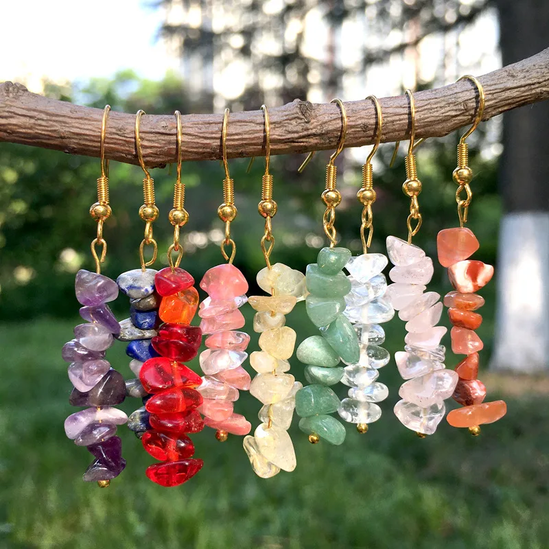 Natural Tumbled Stone Dangle Earrings for Women Colorful Crystal Drop Hook Earring Chakra Healing Gemstone Chip Ear Jewelry