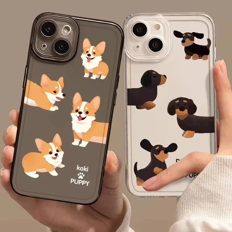 

Cartoon Dachshund Corgi Clear Phone Case For iPhone17AIR 15 14 13 11 12 16E Pro XS Max 13Mini XR X SE Plus Transparent Cover