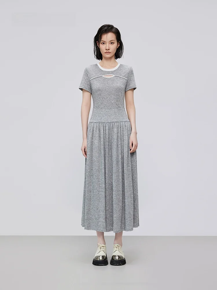 

XMOOM Summer New Style Color Block Neck Slim Fit Knitted Dress Waist Cinched Short Sleeve mid Length S-Shape Dress