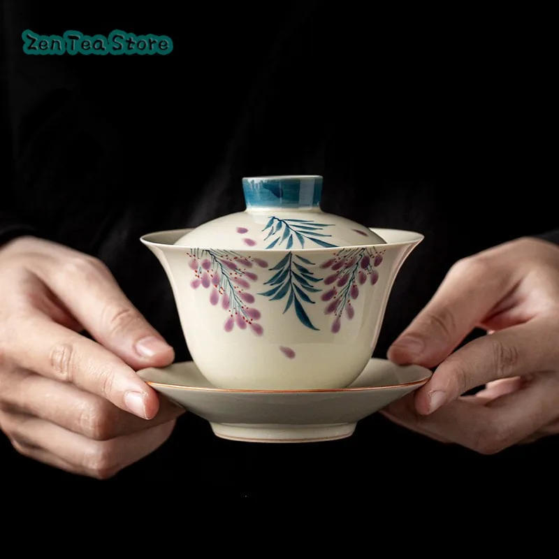 Hand-painted Three-way Cover Bowl Retro Underglaze Color Wisteria Flower Tea Infuser Household Ceramic Kung Fu Tea Set Tea Bowl