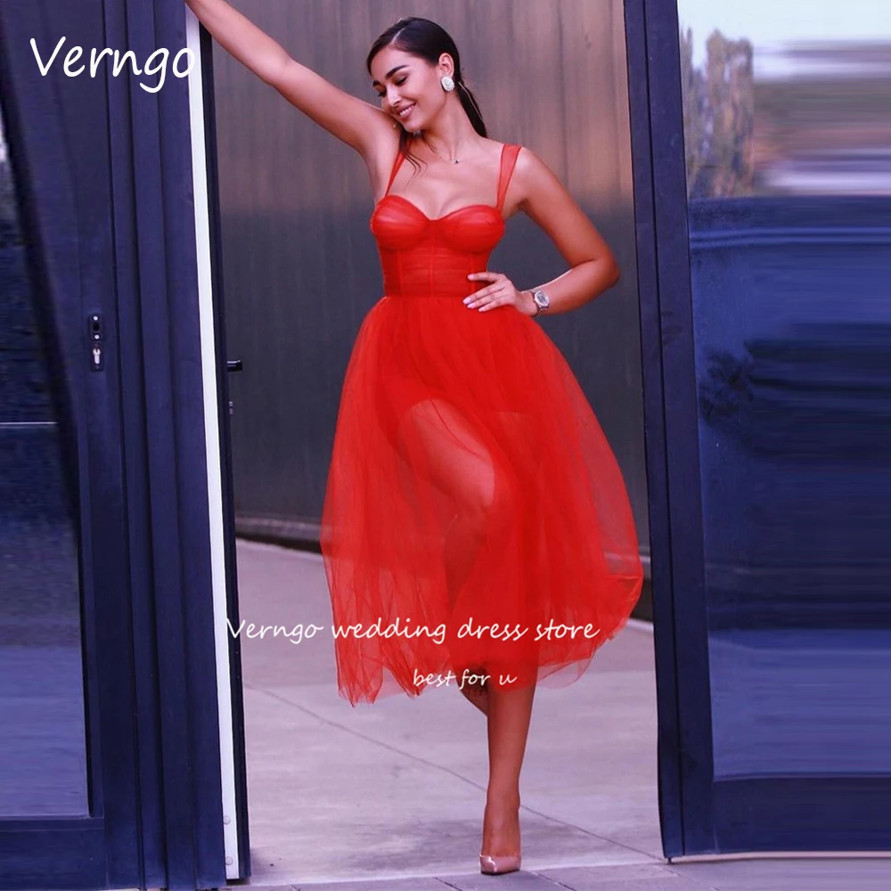 

Verngo Red Tulle Short Prom Party Dresses Straps Sweetheart Tea length Lady Formal Evening Gowns Club Night Party Dress