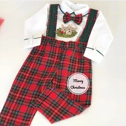 Baby Boy Set Autumn Winter Red Plaid Rompers Deer Embroidery Shirt for Eid Causal