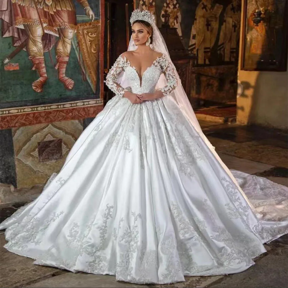 Arabic Aso Ebi Princess Ball Gown Wedding Dresses Long Sleeves O Neck Appliques Beaded Bridal Gowns Custom Made Women Clothing