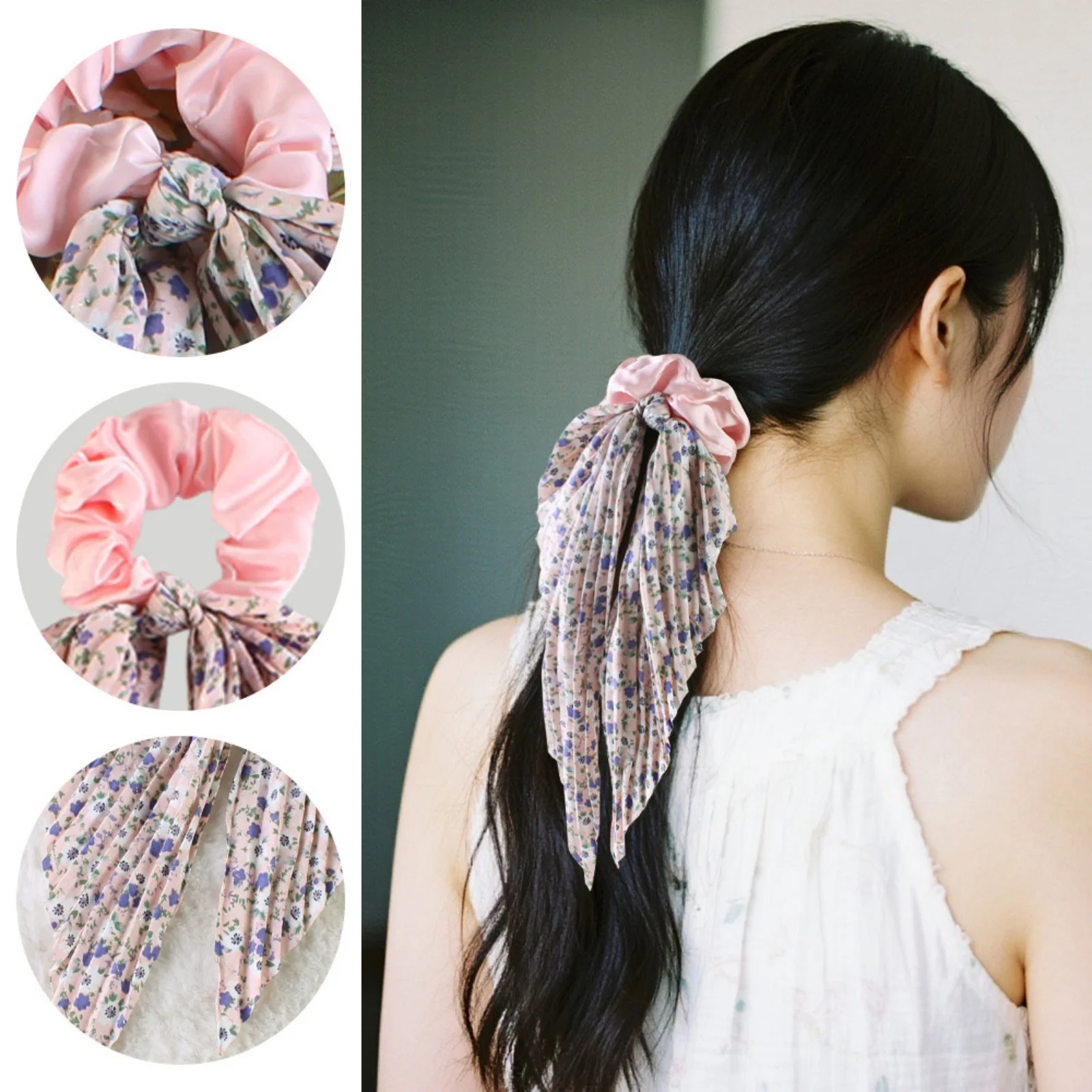 Juego de coleteros para el pelo con bufanda floral, lazos para el pelo con cinta vintage, accesorios elegantes para el cabello para mujer, 1 ud.