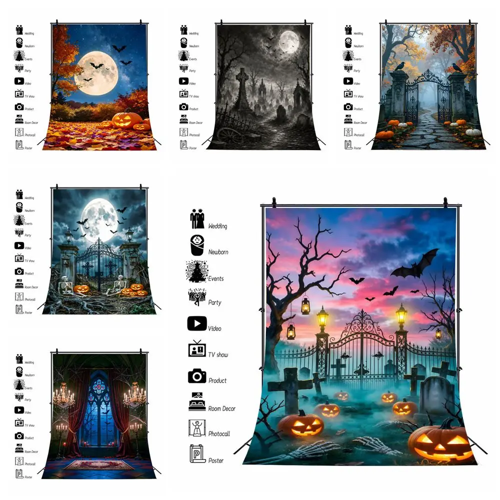 Halloween Backdrop Horror Night Moon Castle Bat Pumpkin Lantern Kids Family Portrait Photography Background Photo Studio Props