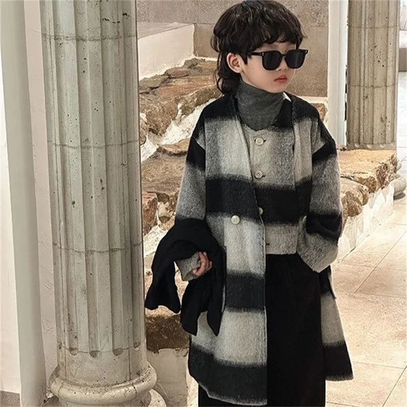 

Boys Woolen Coat Overcoat Jacket Windbreak 2024 Plaid Warm Plus Thicken Autumn Winter Cotton School Children's Clothing