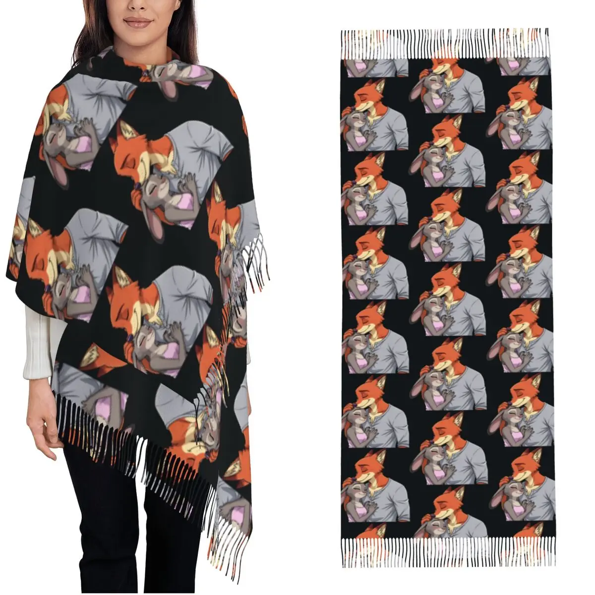 

Женский теплый мягкий шарф-платок с изображением Ника Уайлда и Джуди Хоппс из мультфильма «Зверополис», с кисточками, шаль-накидка, буфанда для женщин