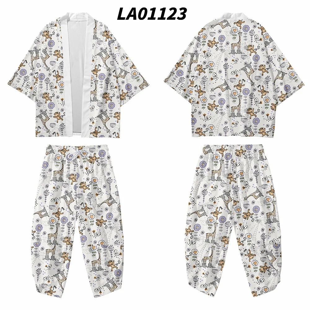 

2pcs Suit Animal Loose Chinese Style Japanese Samurai Harajuku Kimono Cardigan Women Men Cosplay Yukata Tops Pants Set