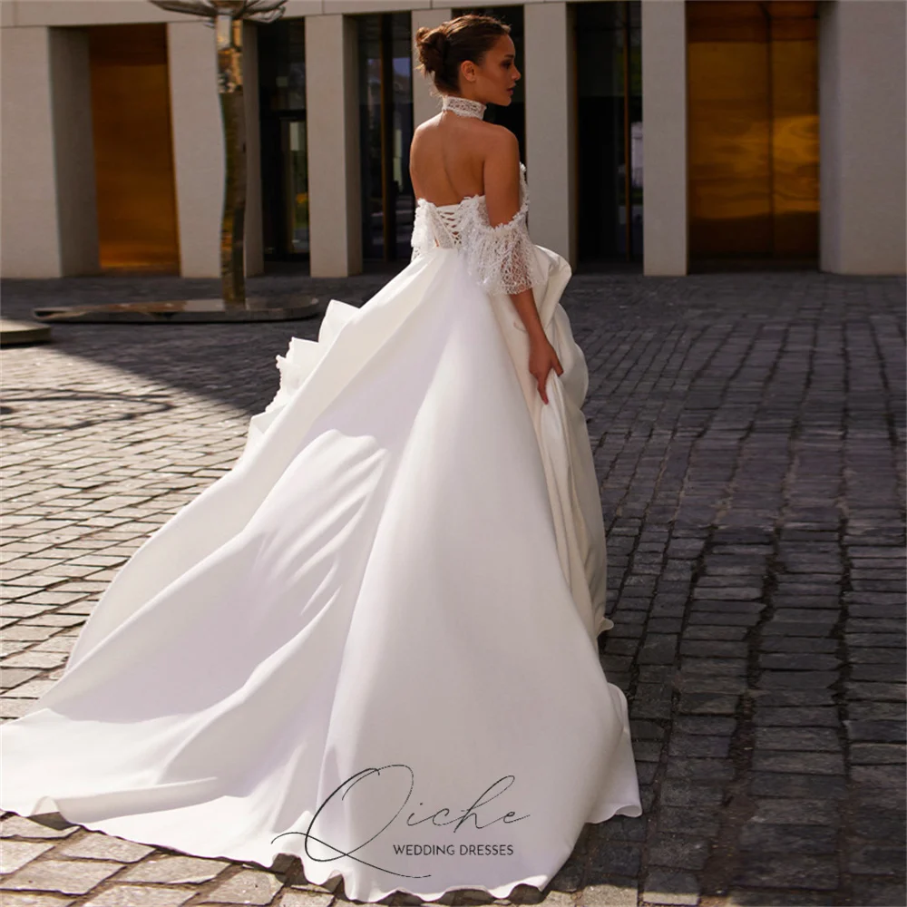 QICHE Modern Lace A-Line Wedding Dress Off The Shoulder Beading Boat-Neck Backless Pleat Vestido De Novia Bridal Gown Customized