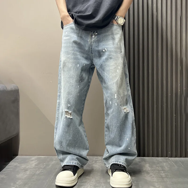 Korean Men'S Splashed Ink Jeans Casual Loose High Street Summer Ripped Denim Pants Retro Graffiti Straight Leg Pants
