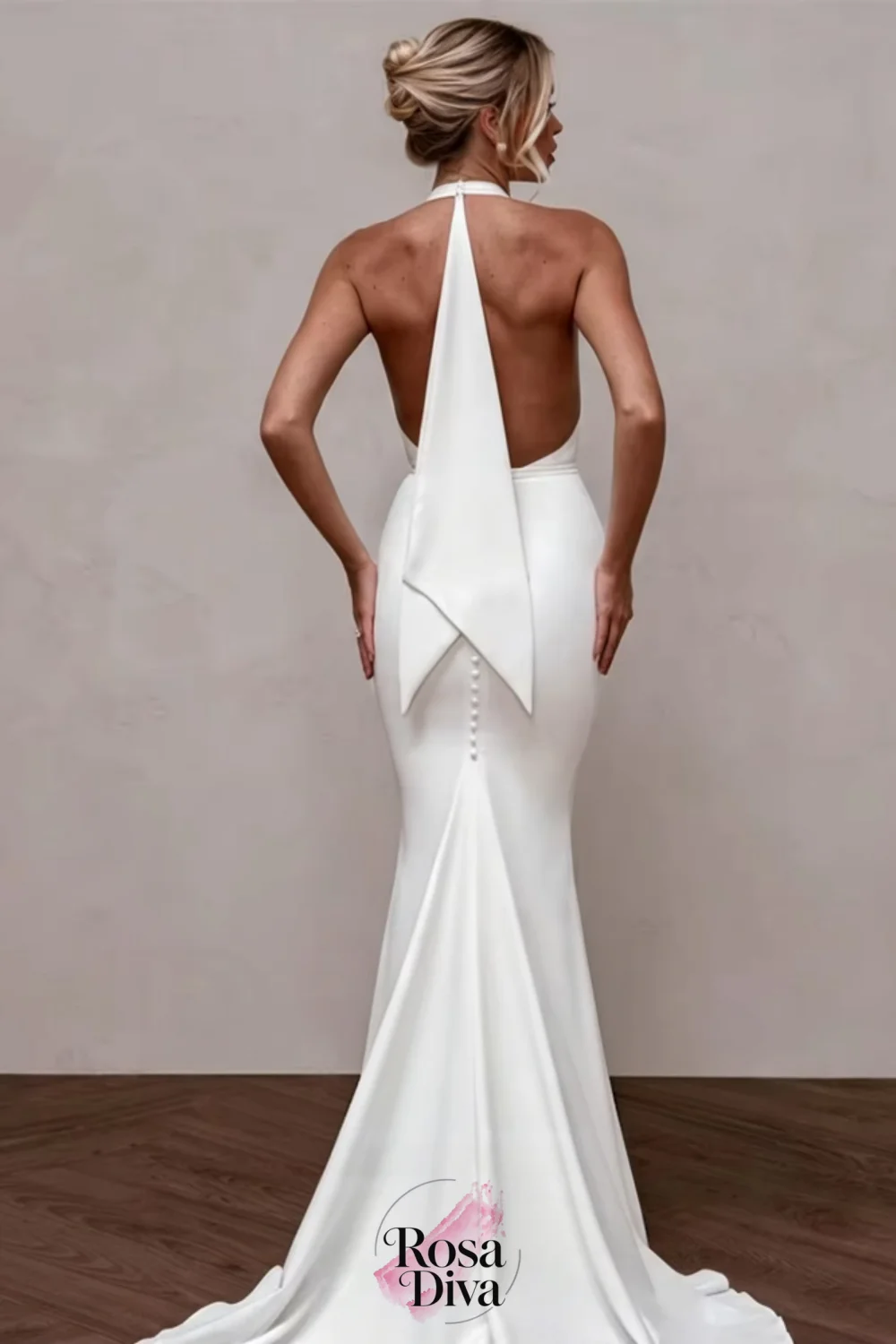 Rosa Diva Romantic Halter Deep V Neck Satin Mermaid Wedding Dress Minimalist Fitted Bridal Gown Wedding Photoshoot Customized