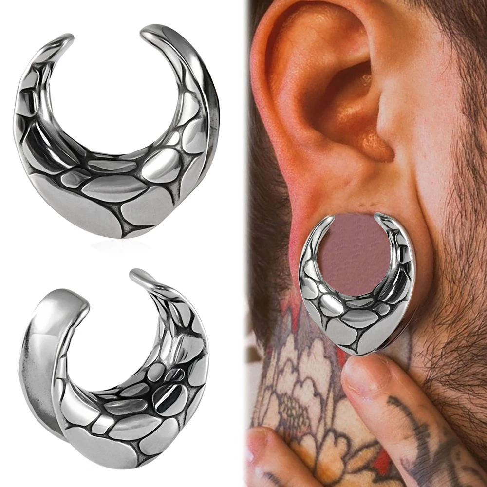 2-1PCS Surgical Steel Snake Scale Black Oil Dripe Ear Tunnel Piercing Plug Saddle U Shape Strecher Expansion Piercing Earring