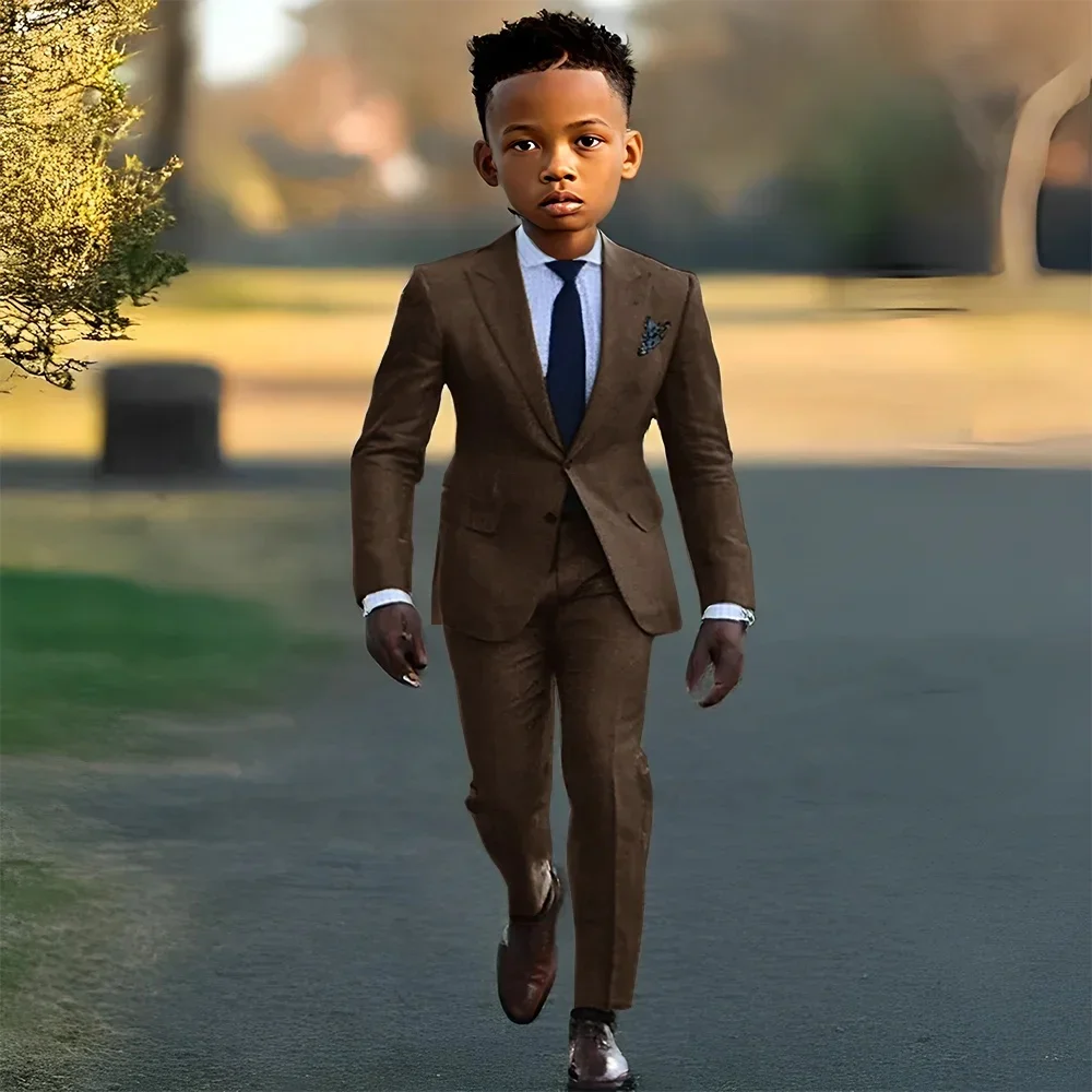 

Brown Formal Wedding Party Suit Children Blazer Pants 2 PCS Tuxedo Kids Performance Photography Costume
