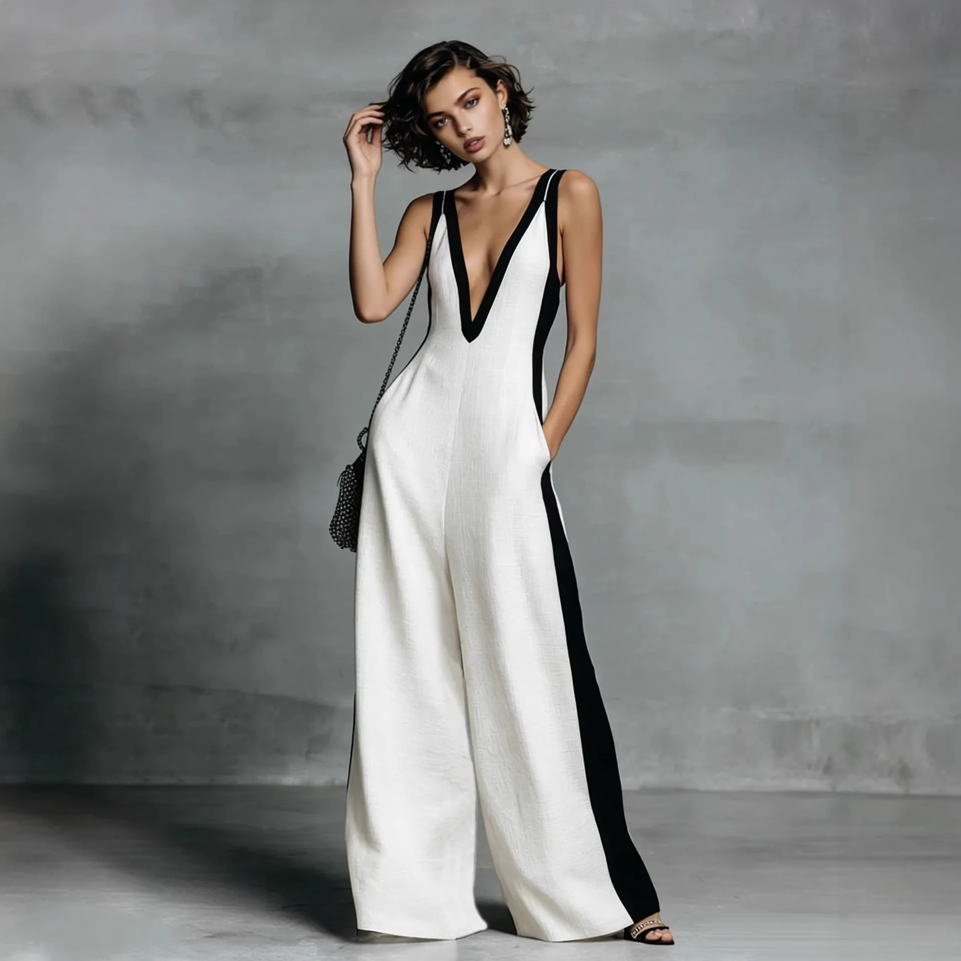 2026 summer new arrival: fashionable sleeveless women's v-neck color block wide-leg jumpsuit
