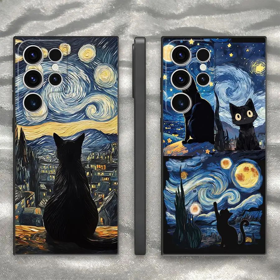 Case for Samsung Galaxy S26 Ultra S20 FE S22 S24 S23 S21 Note 20 10 S25 Plus Phone Cover Van Gogh Starry Night Cat