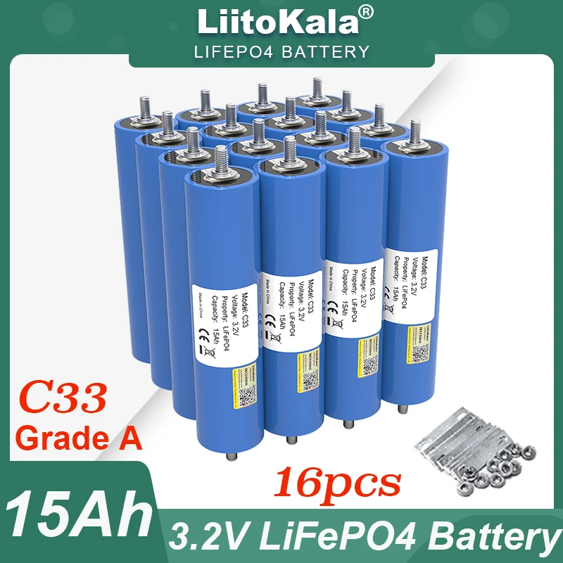 16pcs LiitoKala 3.2V 15Ah LiFePO4 Battery Lithium Phosphate Cell for 12V 24V Motorcycle Car motor Modification Inverter Grade A