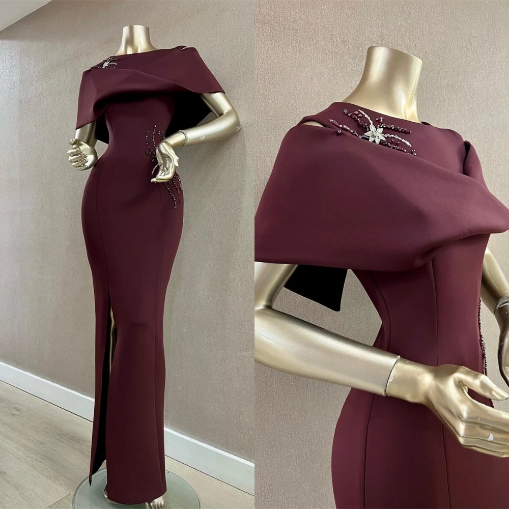 

Классическое темно-фиолетовое вечернее платье из джерси по индивидуальному заказу. Изысканное платье для выпускного вечера с круглым вырезом и открытыми плечами, короткими рукавами и молнией сзади.