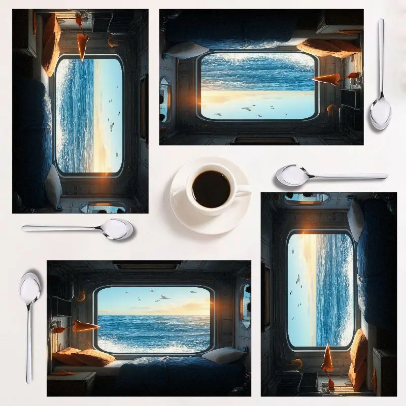 

4-piece rectangular placemats, ocean view design, easy to clean, perfect for kitchen decor, stylish home accessory.