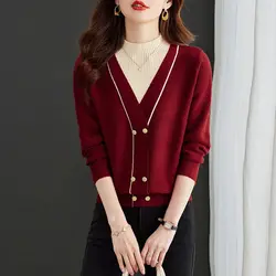 Women's Clothing Half High Collar Pullover Long Sleeve Contrast Color Screw Thread Button Sweater Knitted Elegant Korean Tops
