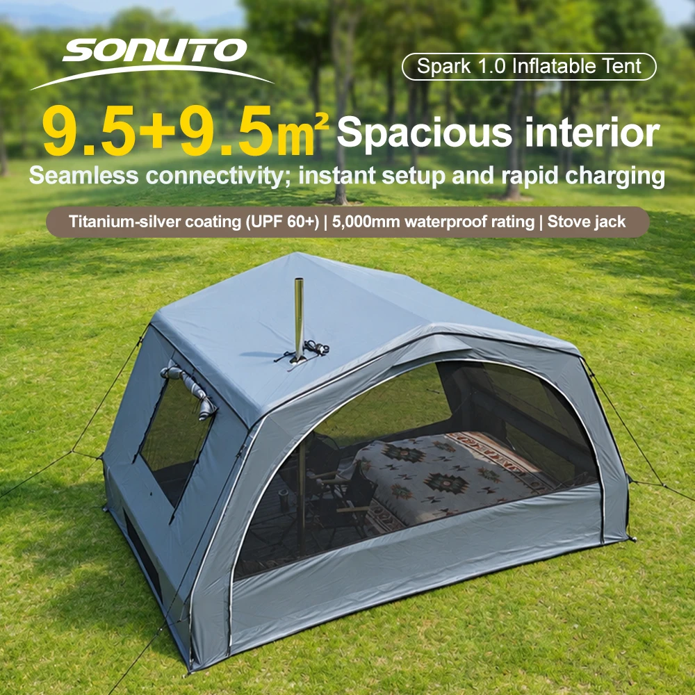 Sonuto Inflatable Shelter Canopy 9.5㎡ Large Space Titanium Silver Coating Double DoorWith Chimney Port Connectable Expandable